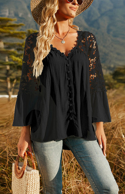 Blouses- Summer Blouse - Guipure Lace Top with 3/4 Sleeves- Black- Pekosa Women Clothing