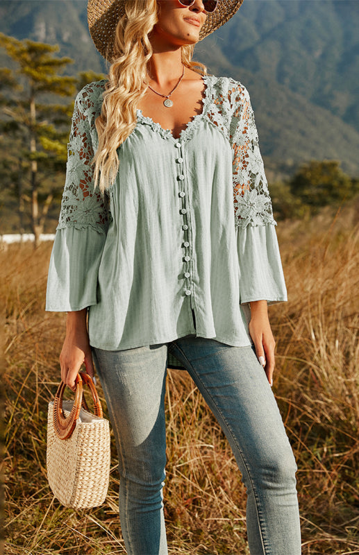 Blouses- Summer Blouse - Guipure Lace Top with 3/4 Sleeves- Pale green- Pekosa Women Clothing