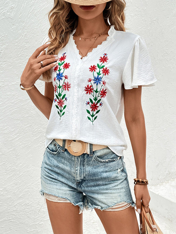 Blouses- Summer Embroidered Floral V-Neck Blouse with Lace Touches- White- Pekosa Women Clothing