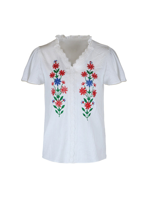 Blouses- Summer Embroidered Floral V-Neck Blouse with Lace Touches- - Pekosa Women Clothing