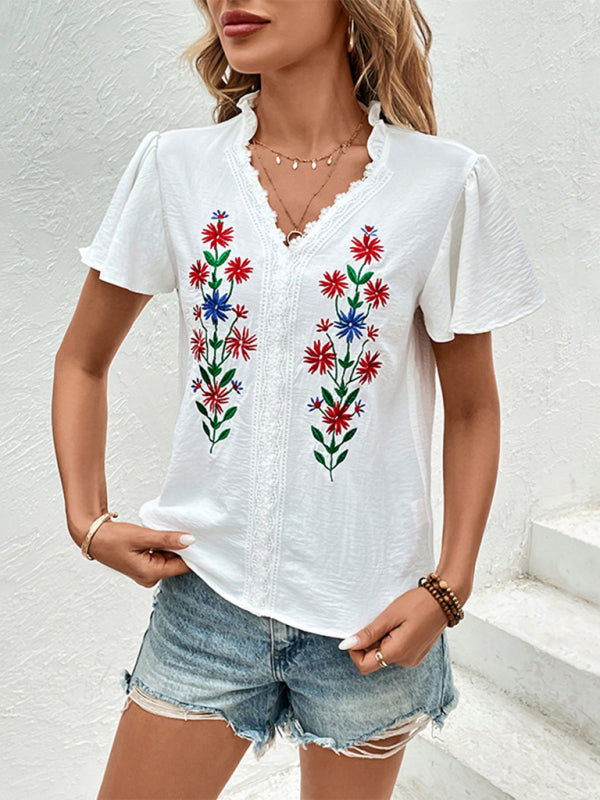 Blouses- Summer Embroidered Floral V-Neck Blouse with Lace Touches- - Pekosa Women Clothing