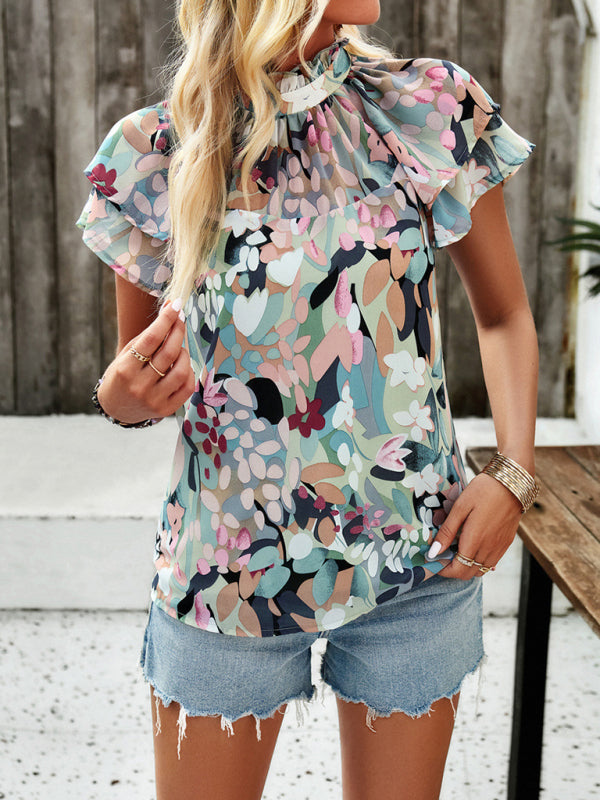 Blouses- Summer Floral Print Stand Collared Blouse - Short Layers & Frills Top- Green- Pekosa Women Clothing