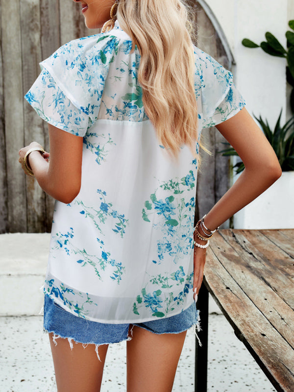 Blouses- Summer Floral Print Stand Collared Blouse - Short Layers & Frills Top- - Pekosa Women Clothing