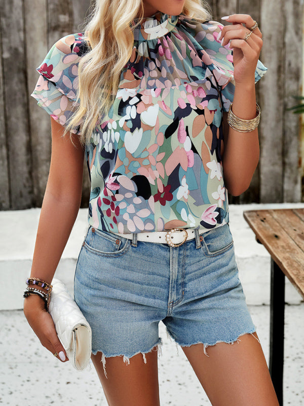 Blouses- Summer Floral Print Stand Collared Blouse - Short Layers & Frills Top- - Pekosa Women Clothing