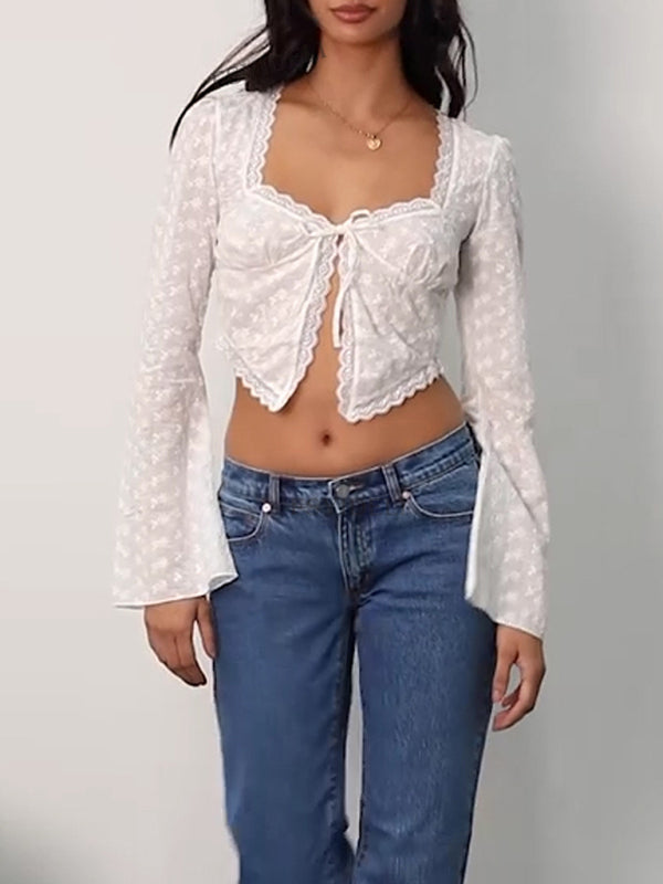 Blouses- Summer See-Through Tie-Front Flare Sleeve Crop Blouse- - Pekosa Women Clothing