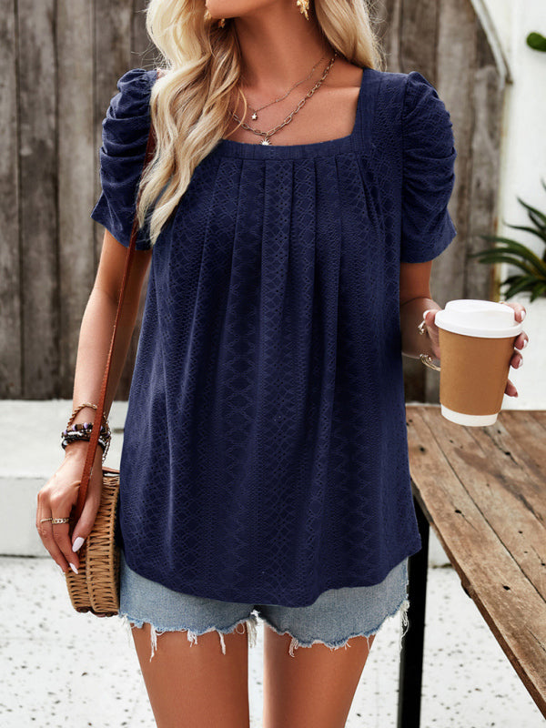 Blouses- Summer Square Neck Eyelet Top with Short Puff Sleeves- - Pekosa Women Clothing