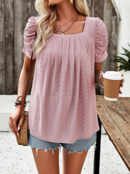 Blouses- Summer Square Neck Eyelet Top with Short Puff Sleeves- Pink- Pekosa Women Clothing