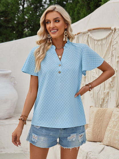 Blouses- Summer Texture V-Neck Blouse with Flounce Sleeves & Frills- Blue- Pekosa Women Clothing