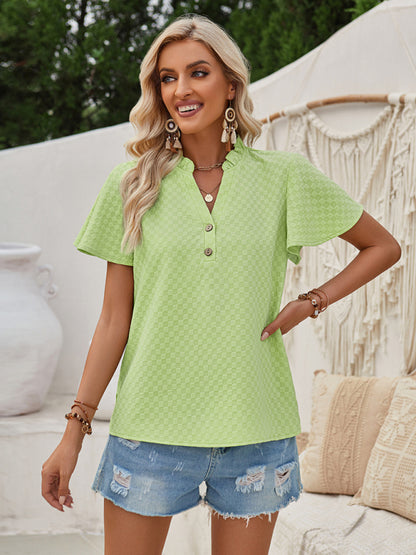 Blouses- Summer Texture V-Neck Blouse with Flounce Sleeves & Frills- Green- Pekosa Women Clothing