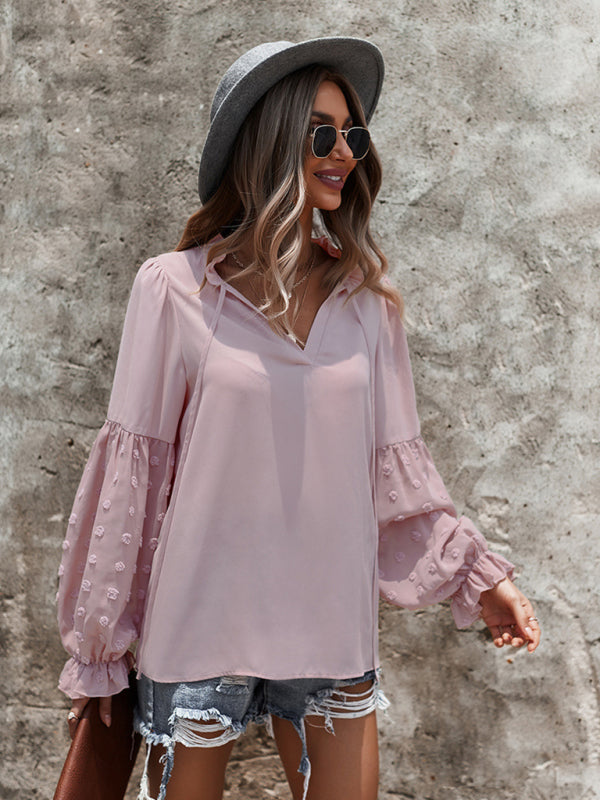 Blouses- Swiss Dot Accents Tunic Top | V-Neck Blouse with Long Sleeves- - Pekosa Women Clothing