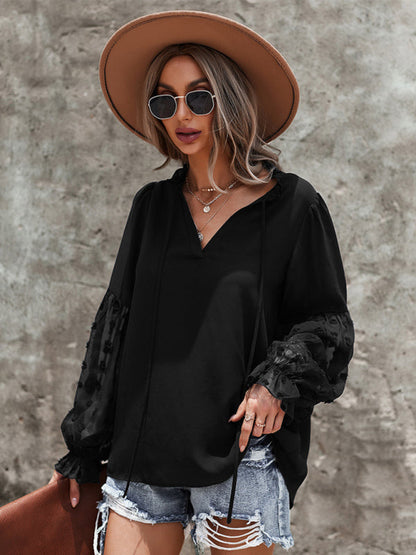 Blouses- Swiss Dot Accents Tunic Top | V-Neck Blouse with Long Sleeves- Black- Pekosa Women Clothing