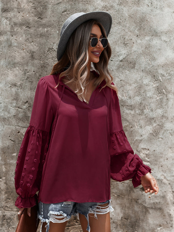 Blouses- Swiss Dot Accents Tunic Top | V-Neck Blouse with Long Sleeves- - Pekosa Women Clothing