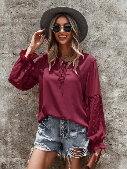 Blouses- Swiss Dot Accents Tunic Top | V-Neck Blouse with Long Sleeves- Red- Pekosa Women Clothing