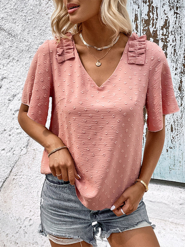 Blouses- Swiss Dot Flared Sleeves Blouse: V-Neck, Versatile Fit- Pink- Pekosa Women Clothing