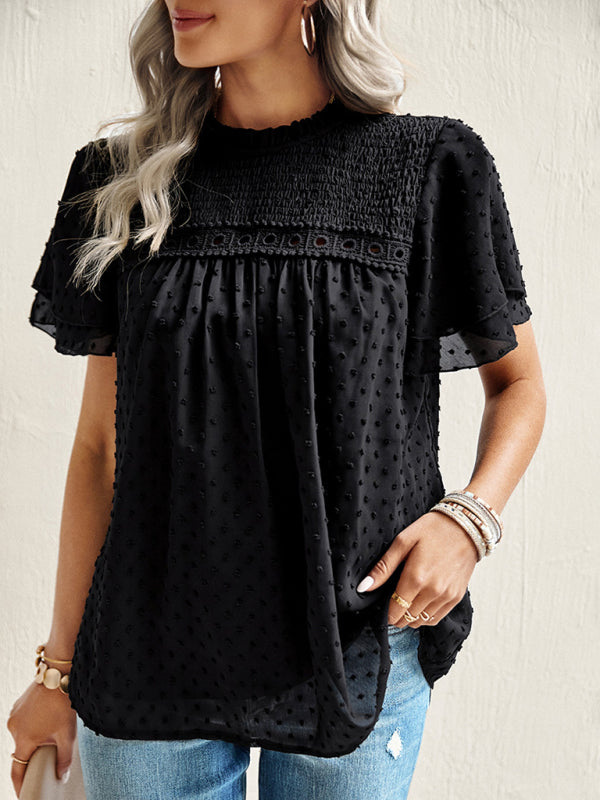 Blouses- Swiss Dot Jacquard Blouse | Stand Collar & Layered Short Sleeves Top- Black- Pekosa Women Clothing