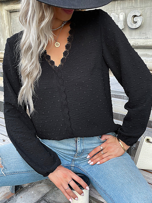 Blouses- Swiss Dot Lace V Neck Long Sleeve Blouse- Black- Pekosa Women Clothing