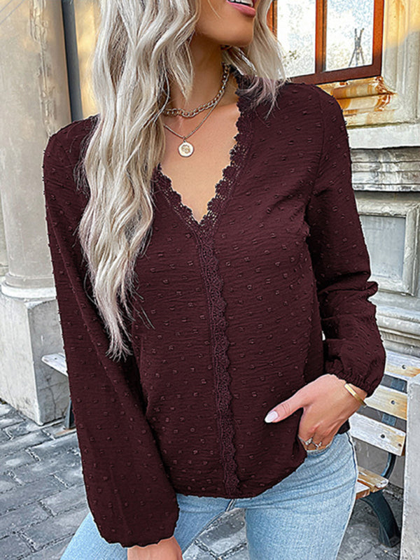 Blouses- Swiss Dot Lace V Neck Long Sleeve Blouse- - Pekosa Women Clothing