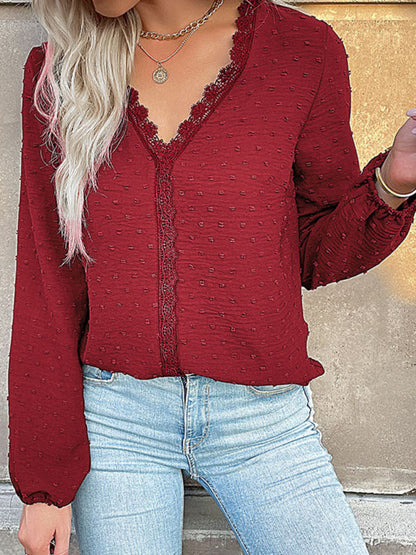 Blouses- Swiss Dot Lace V Neck Long Sleeve Blouse- - Pekosa Women Clothing