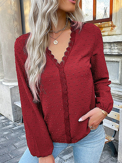 Blouses- Swiss Dot Lace V Neck Long Sleeve Blouse- - Pekosa Women Clothing