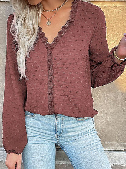 Blouses- Swiss Dot Lace V Neck Long Sleeve Blouse- - Pekosa Women Clothing