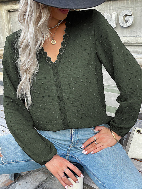 Blouses- Swiss Dot Lace V Neck Long Sleeve Blouse- Olive green- Pekosa Women Clothing