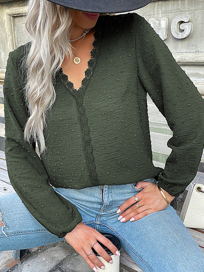 Blouses- Swiss Dot Lace V Neck Long Sleeve Blouse- Olive green- Pekosa Women Clothing