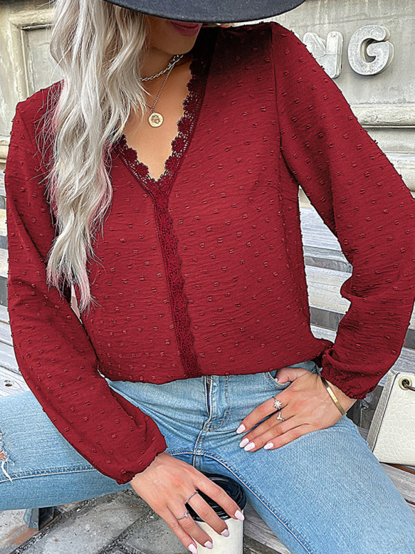 Blouses- Swiss Dot Lace V Neck Long Sleeve Blouse- Red- Pekosa Women Clothing