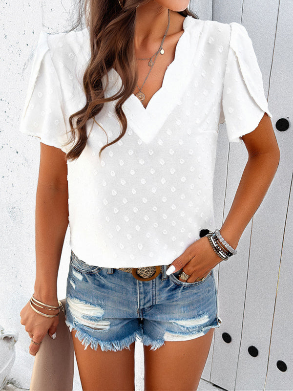 Blouses- Swiss Dot V-Neck Blouse - Short Petal Sleeve Top- - Pekosa Women Clothing