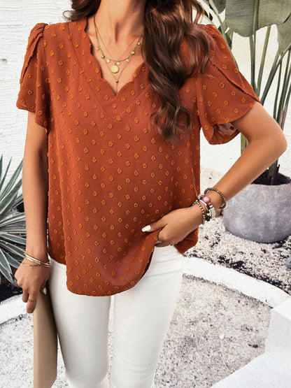 Blouses- Swiss Dot V-Neck Blouse - Short Petal Sleeve Top- - Pekosa Women Clothing