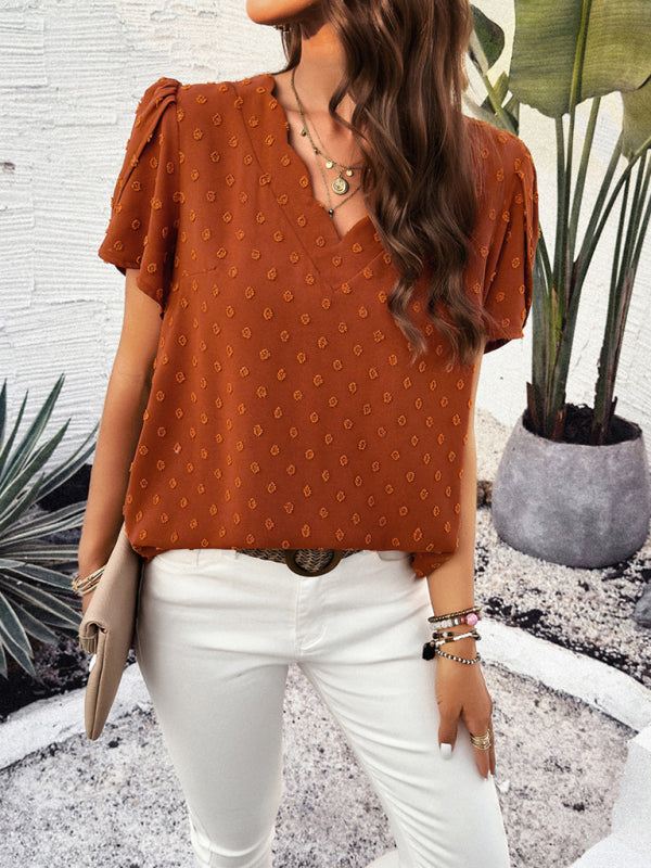 Blouses- Swiss Dot V-Neck Blouse - Short Petal Sleeve Top- - Pekosa Women Clothing