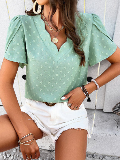 Blouses- Swiss Dot V-Neck Blouse - Short Petal Sleeve Top- Green- Pekosa Women Clothing