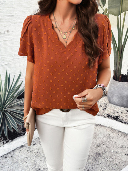 Blouses- Swiss Dot V-Neck Blouse - Short Petal Sleeve Top- Orange- Pekosa Women Clothing