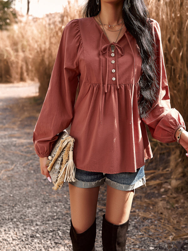 Blouses- Textured Cotton Lantern Sleeve V-Neck Peplum Blouse- - Pekosa Women Clothing