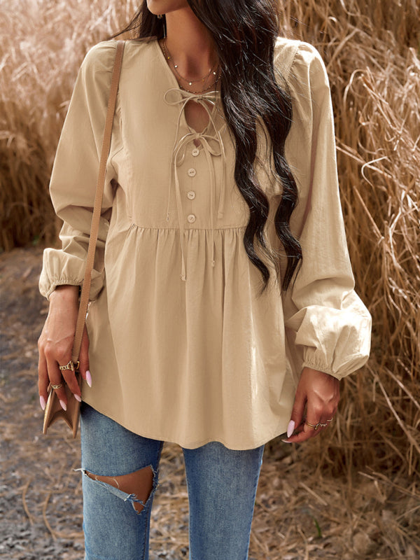 Blouses- Textured Cotton Lantern Sleeve V-Neck Peplum Blouse- Khaki- Pekosa Women Clothing