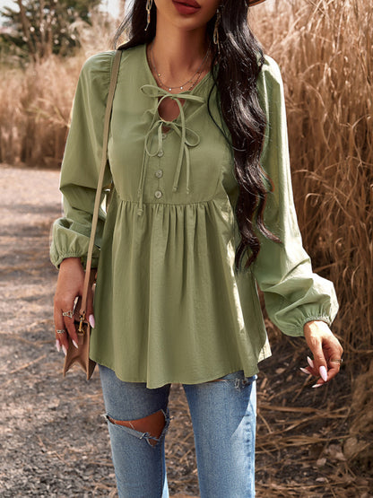 Blouses- Textured Cotton Lantern Sleeve V-Neck Peplum Blouse- - Pekosa Women Clothing