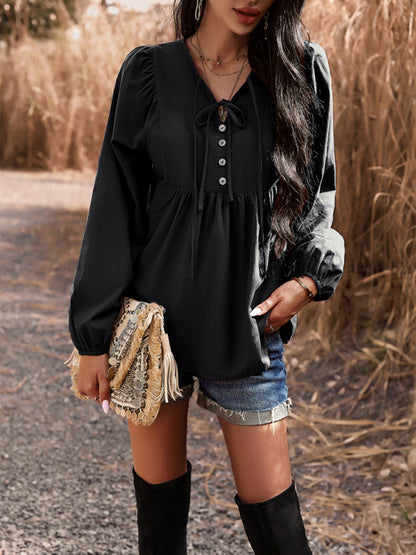 Blouses- Textured Cotton Lantern Sleeve V-Neck Peplum Blouse- - Pekosa Women Clothing