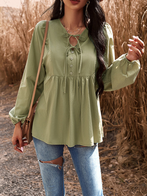 Blouses- Textured Cotton Lantern Sleeve V-Neck Peplum Blouse- - Pekosa Women Clothing