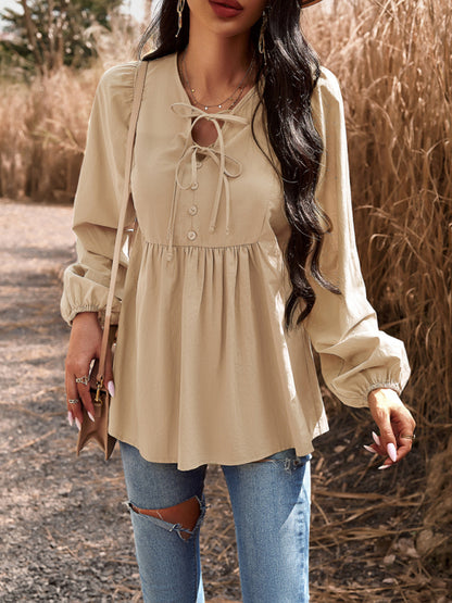 Blouses- Textured Cotton Lantern Sleeve V-Neck Peplum Blouse- - Pekosa Women Clothing