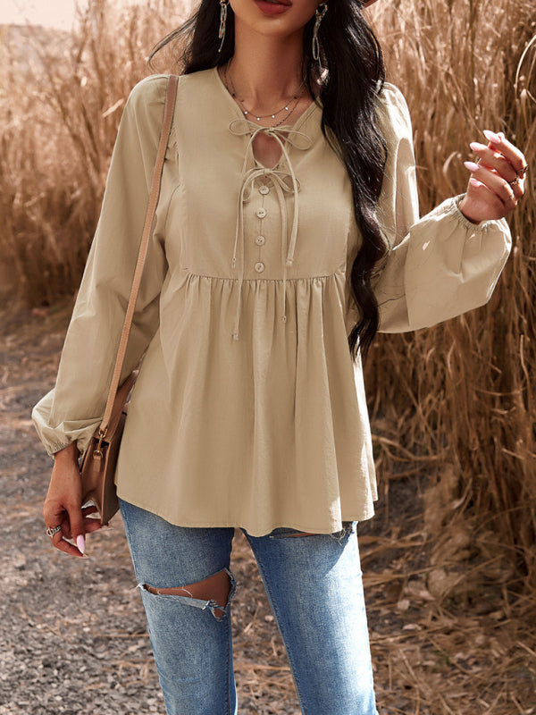 Blouses- Textured Cotton Lantern Sleeve V-Neck Peplum Blouse- - Pekosa Women Clothing