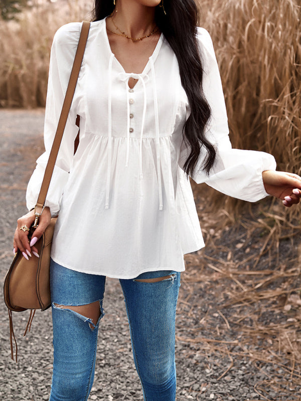 Blouses- Textured Cotton Lantern Sleeve V-Neck Peplum Blouse- - Pekosa Women Clothing