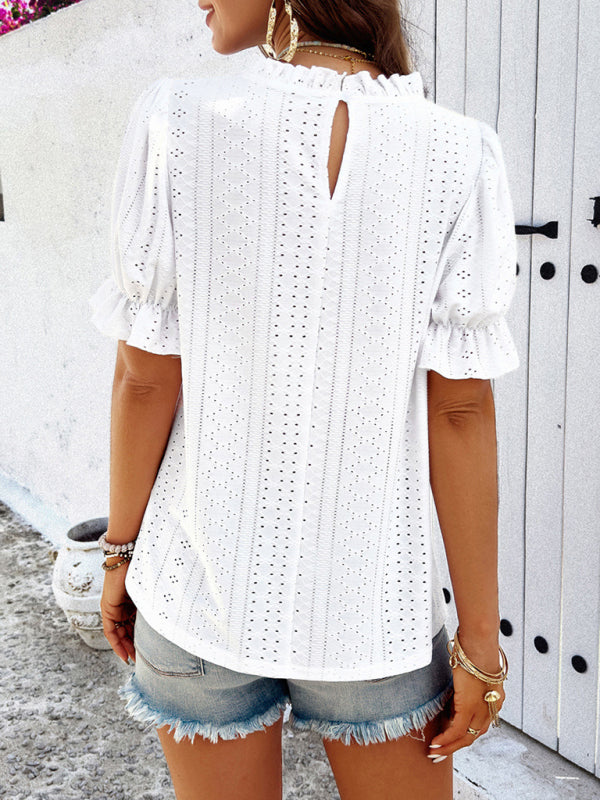 Blouses- Textured Eyelet Frill Stand Collar Blouse with Puff Sleeves- - Pekosa Women Fashion