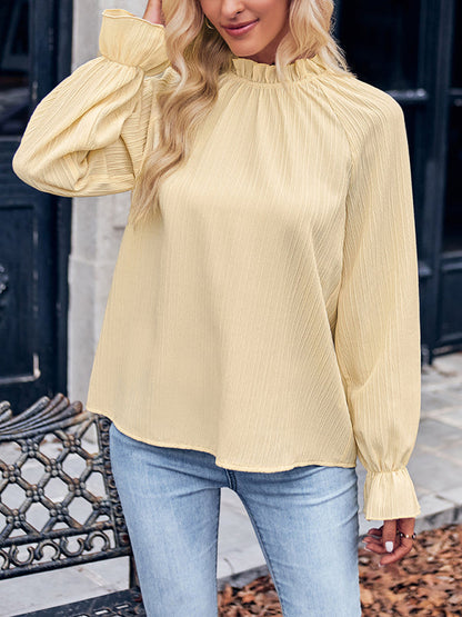 Blouses- Textured Frill Stand Collar Tunic Top - Loose Long Sleeves Blouse- - Pekosa Women Fashion