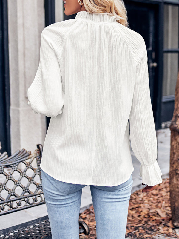 Blouses- Textured Frill Stand Collar Tunic Top - Loose Long Sleeves Blouse- - Pekosa Women Fashion