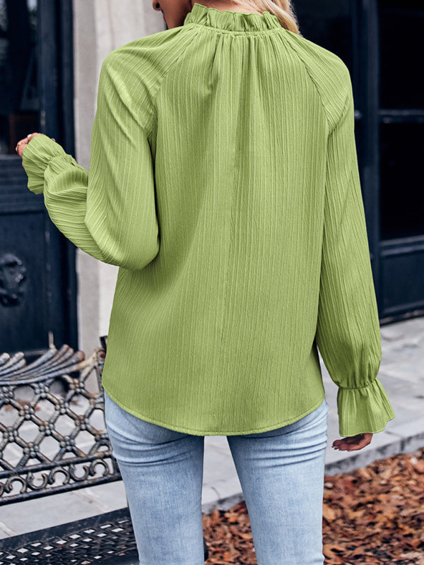 Blouses- Textured Frill Stand Collar Tunic Top - Loose Long Sleeves Blouse- - Pekosa Women Fashion