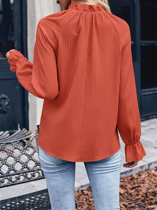 Blouses- Textured Frill Stand Collar Tunic Top - Loose Long Sleeves Blouse- - Pekosa Women Fashion