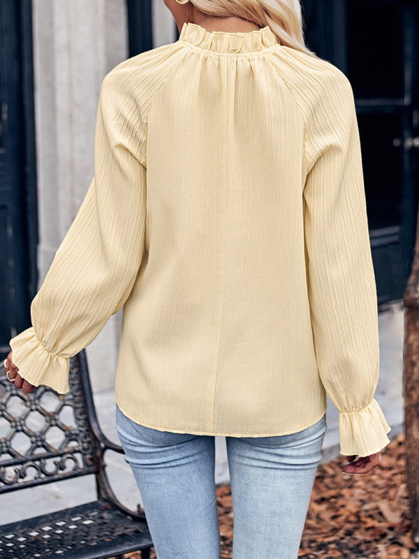 Blouses- Textured Frill Stand Collar Tunic Top - Loose Long Sleeves Blouse- - Pekosa Women Fashion