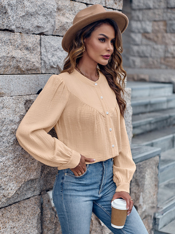 Blouses- Textured Long Puff Sleeve Round Neck Blouse- - Pekosa Women Clothing