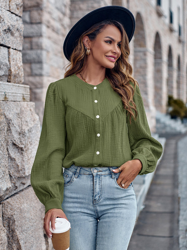 Blouses- Textured Long Puff Sleeve Round Neck Blouse- - Pekosa Women Clothing