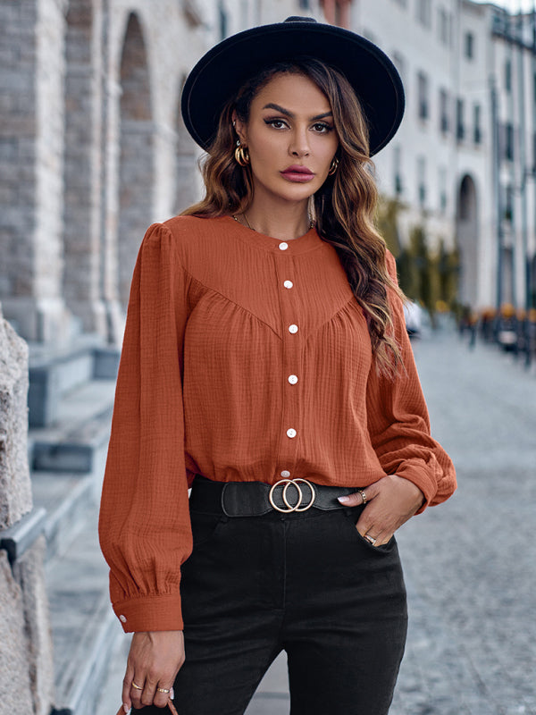 Blouses- Textured Long Puff Sleeve Round Neck Blouse- Orange- Pekosa Women Clothing