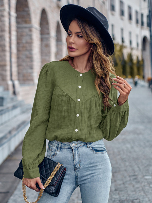 Blouses- Textured Long Puff Sleeve Round Neck Blouse- - Pekosa Women Clothing